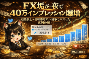 FX垢が一夜で40万インプレッション増えた理由｜政治炎上とマナー論争でバズった実例分析